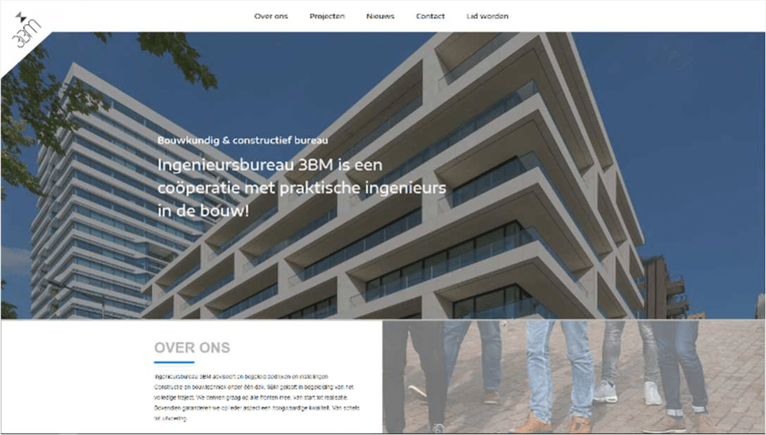 Website van Ingenieursbureau 3BM met een grote foto van gebouwen, een introductie van de coöperatie en navigatie naar projecten, nieuws en lid worden.