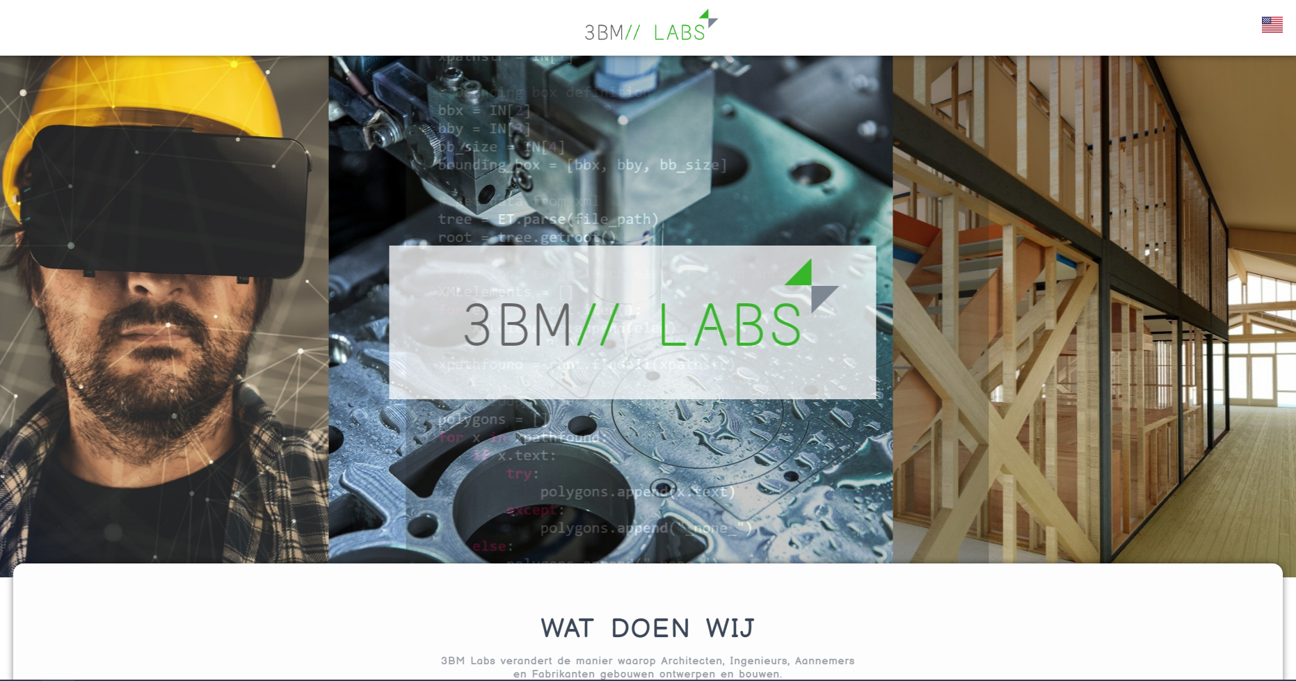 Homepage van 3BM Labs met het groene en grijze logo en een collage van virtual reality, techniek en houtbouw.