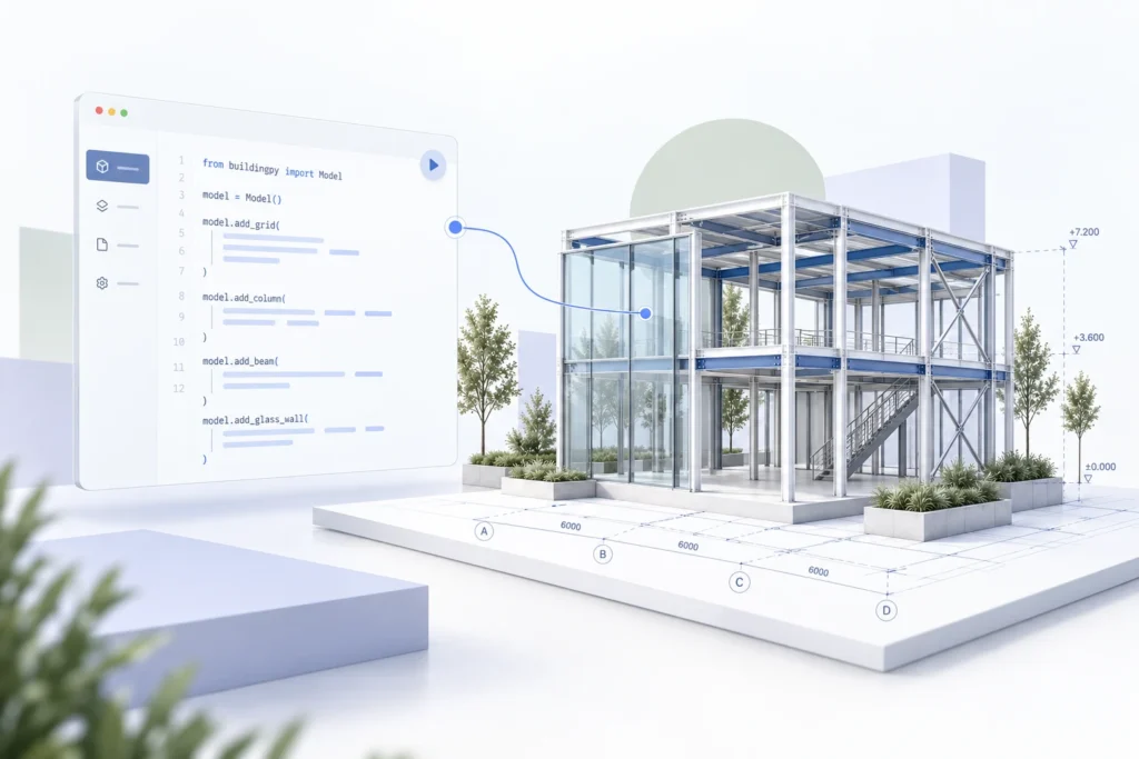 Conceptillustratie van een met Python opgebouwd BIM-model met kolommen en liggers.