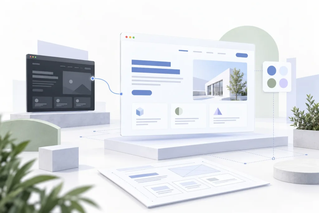Conceptillustratie van de ontwikkeling van een donkere naar een lichte website.
