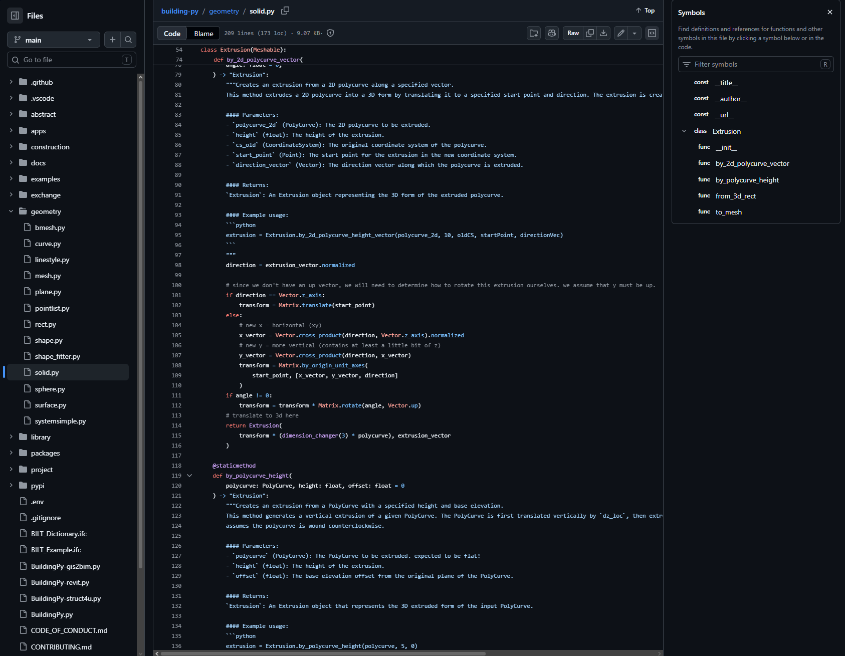 BuildingPy-code op GitHub met de geometriebestanden en de Extrusion-klasse in solid.py.