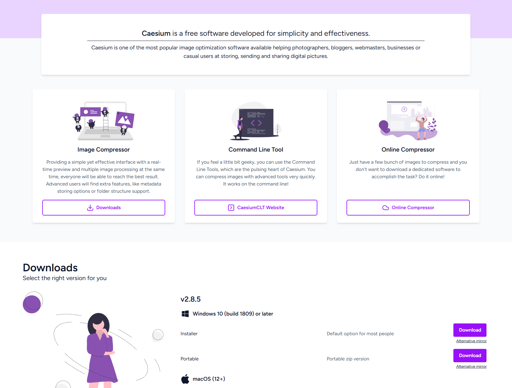 Caesium website met Image Compressor, Command Line Tool, Online Compressor en de downloadsectie.