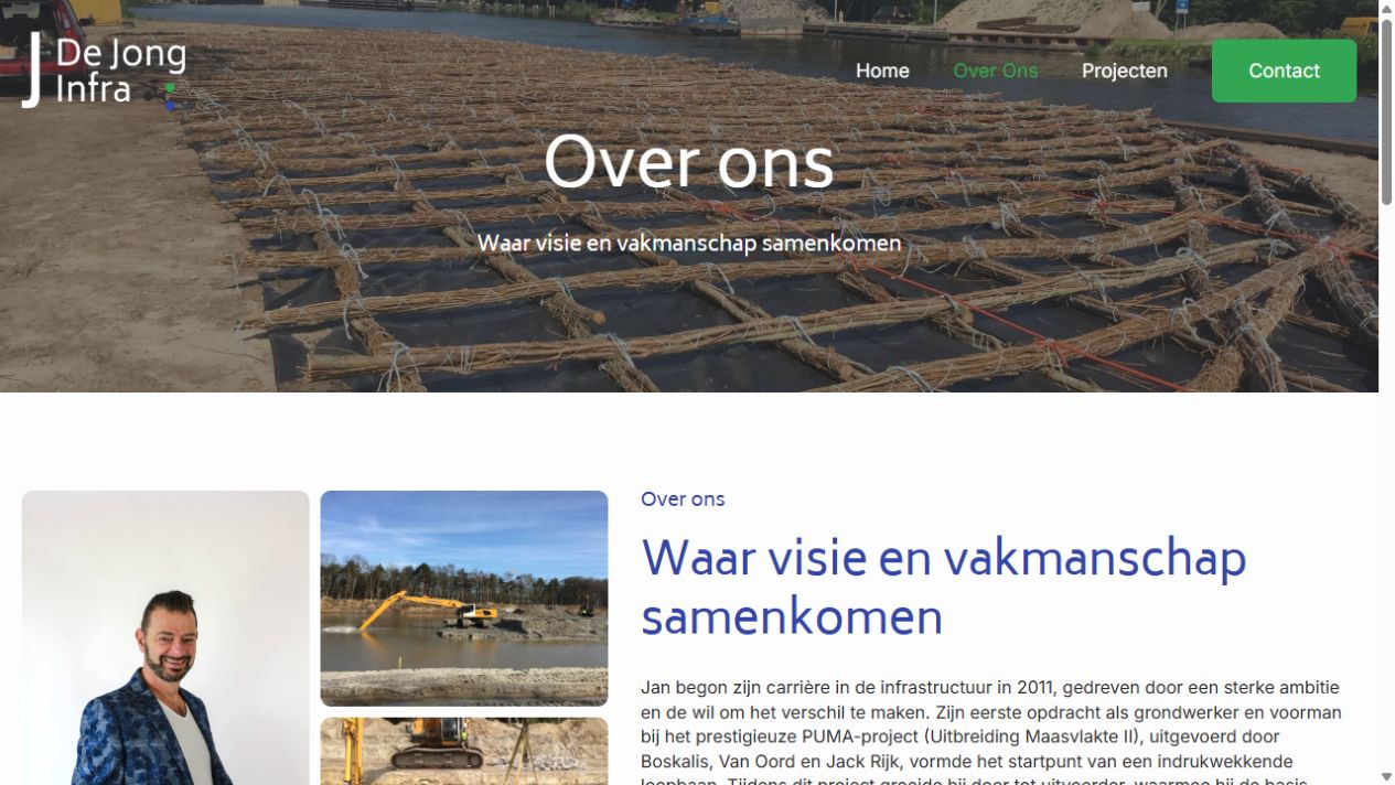 Over-ons-pagina van De Jong Infra met het bedrijfsverhaal en fotografie van infrastructurele werkzaamheden.