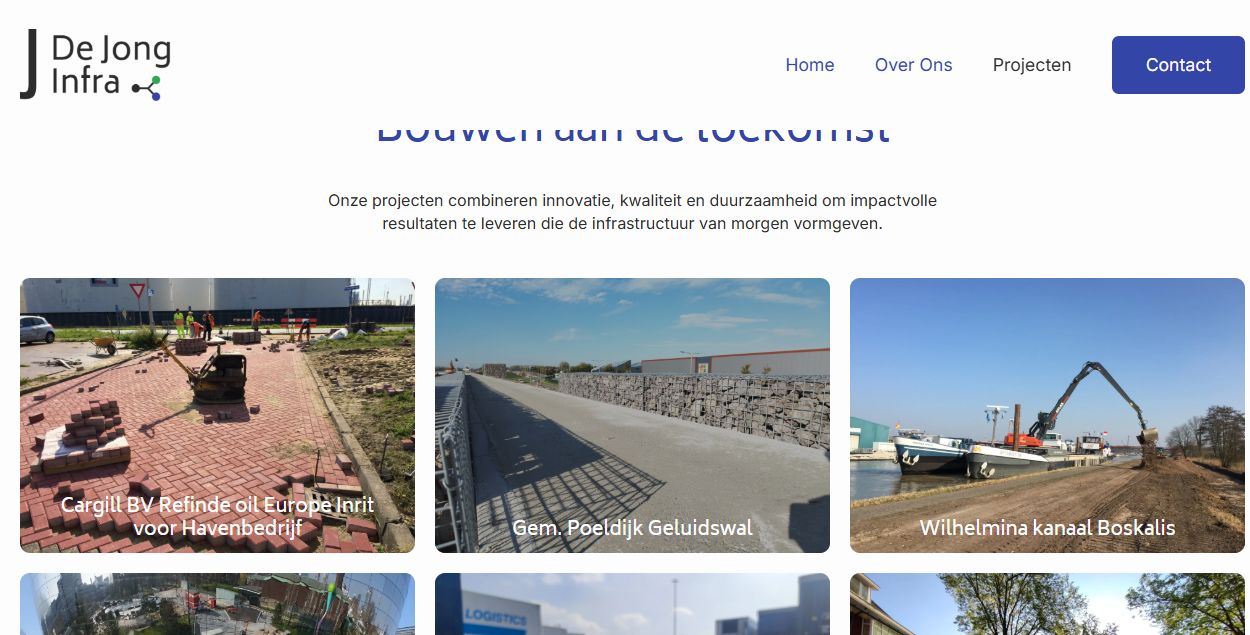 Projectoverzicht van De Jong Infra met beelden van bestrating, een geluidswal en werkzaamheden aan het Wilhelminakanaal.