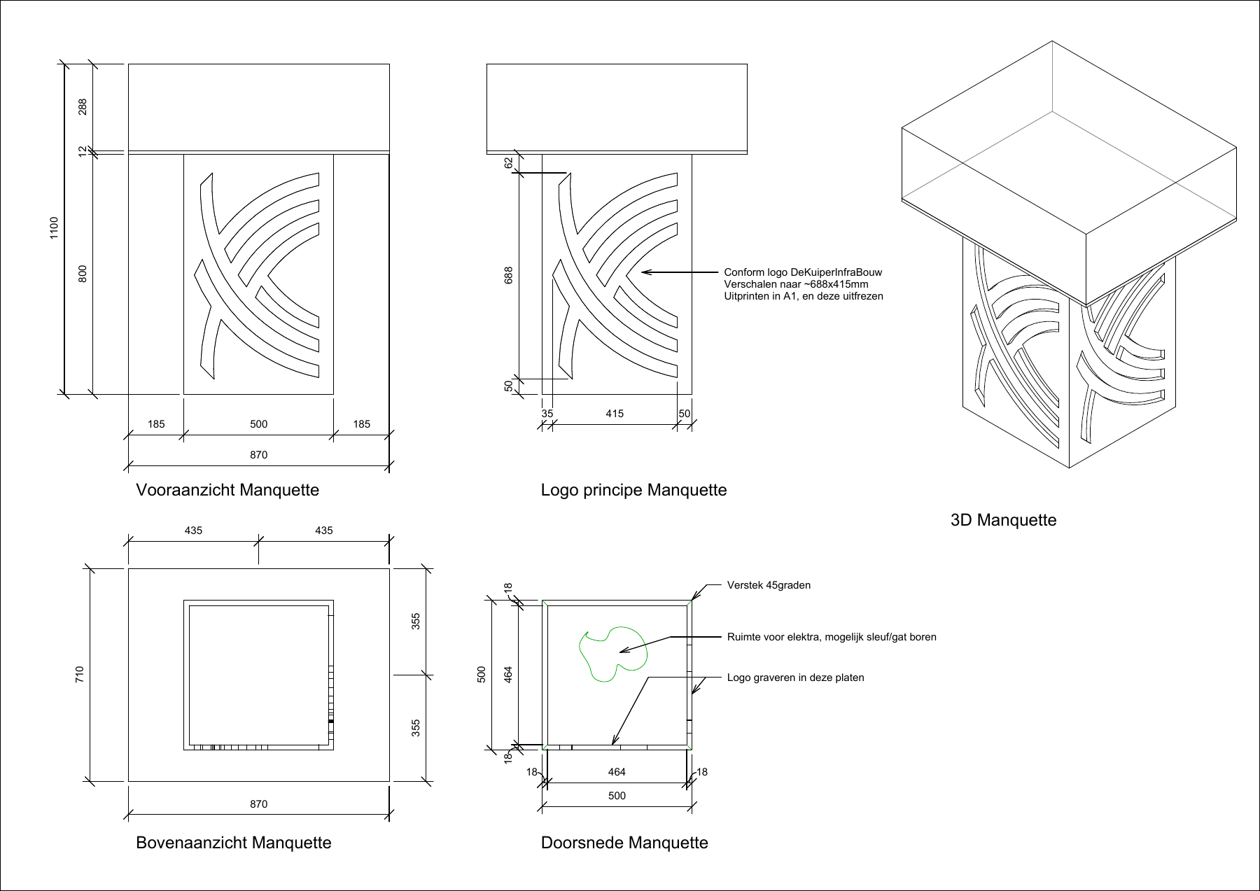 Technische tekening voor de beursstand van De Kuiper Infrabouw: presentatie-element met het bedrijfslogo, aanzichten, maatvoering en een 3D-weergave.