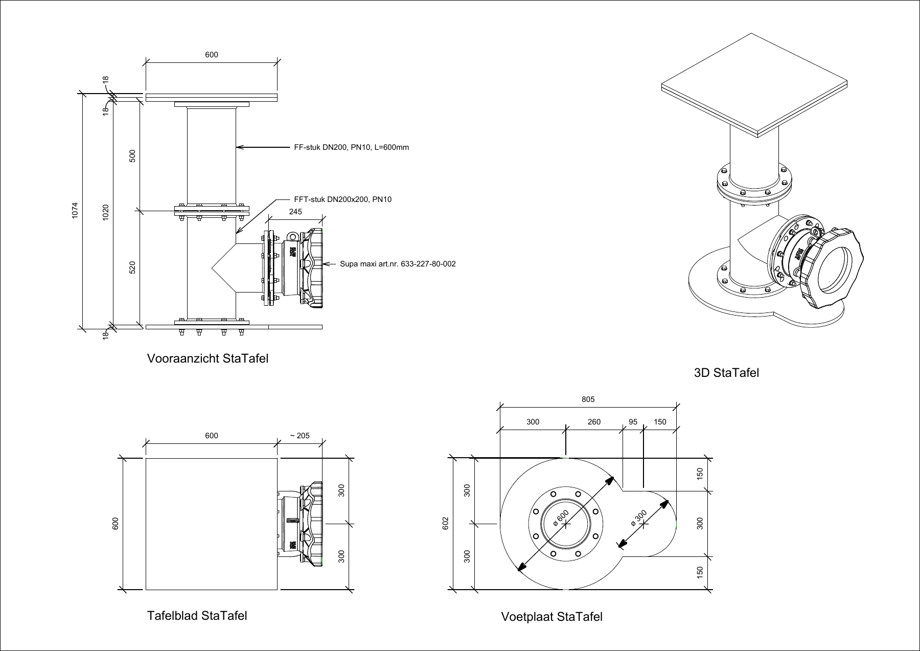 Technische tekening van een statafel uit leidingonderdelen, met vooraanzicht, tafelblad, voetplaat, maatvoering en een 3D-weergave.