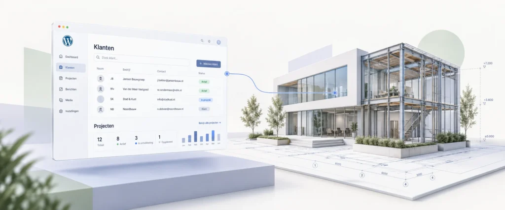 Illustratie van automatisering: WordPress-klantbeheer gekoppeld aan een BIM-gebouwmodel