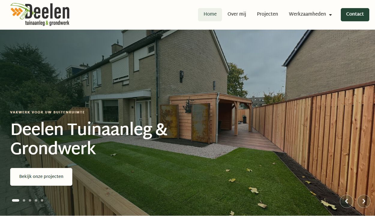 Actuele homepage van Deelen Tuinaanleg en Grondwerk met de vernieuwde groene vormgeving en een tuinproject in Barendrecht.