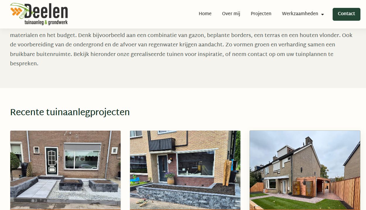 Vernieuwde tuinaanlegpagina met dienstuitleg en recente tuinaanlegprojecten.