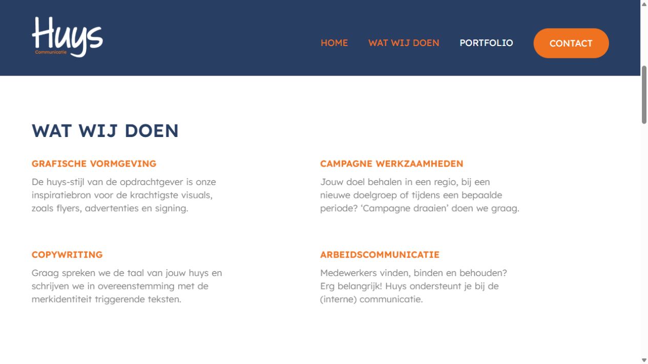 Dienstenoverzicht van Huys Communicatie met vormgeving, campagnes, copywriting en arbeidscommunicatie.