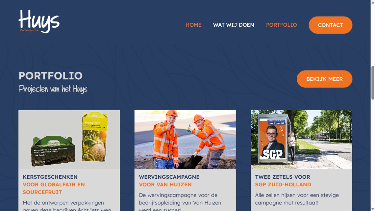 Portfoliosectie van Huys Communicatie met voorbeelden van communicatieprojecten.