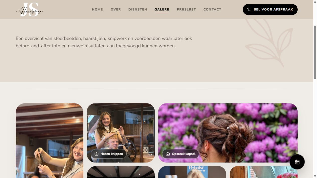 Galerij van JS Hairstyling met foto’s van knipbehandelingen, haarstyling en de salon.
