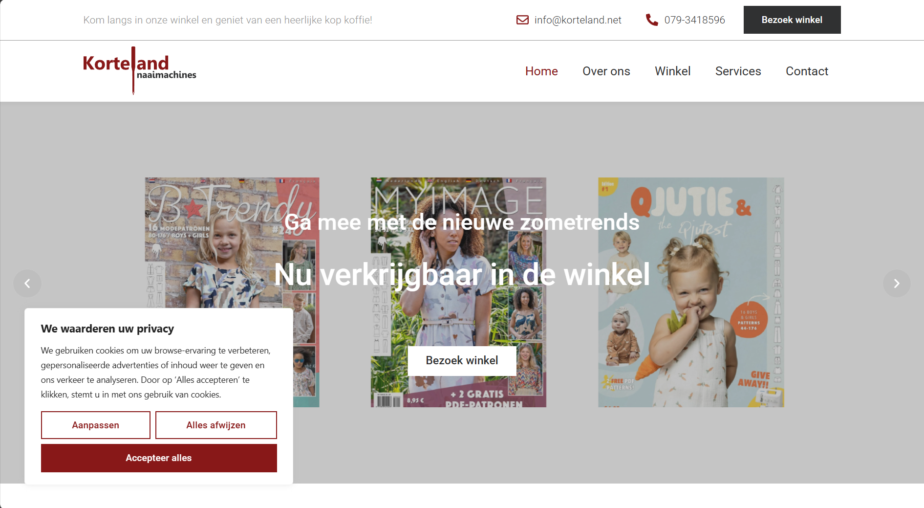 Homepage van Korteland Naaimachines met navigatie, zomerse patroonmagazines en een knop om de winkel te bezoeken.