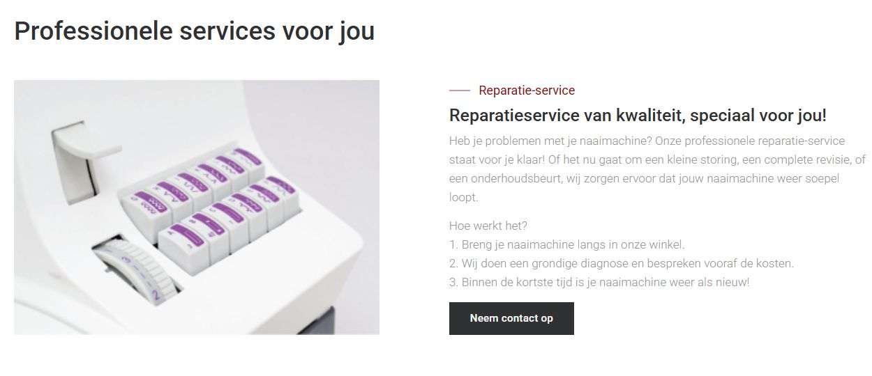 Servicepagina van Korteland Naaimachines met uitleg over reparatie en onderhoud.