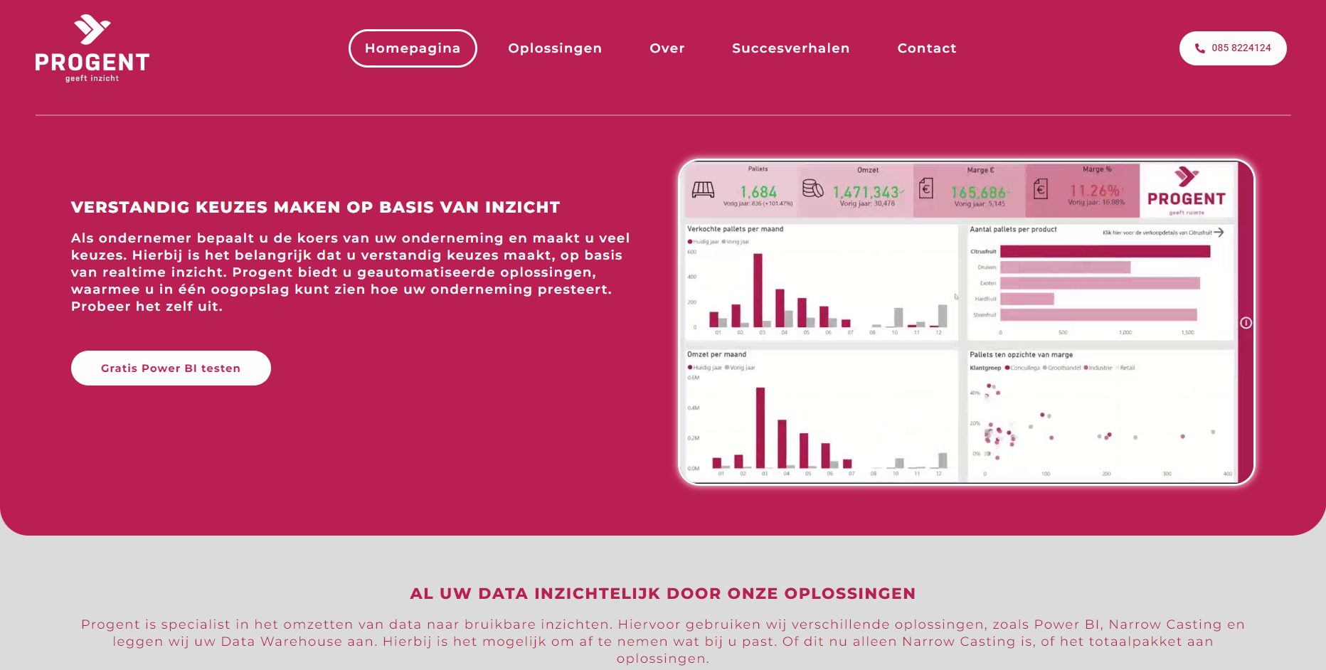 Homepage van Progent met de magenta huisstijl, navigatie en een voorbeeld van een Power BI-dashboard.