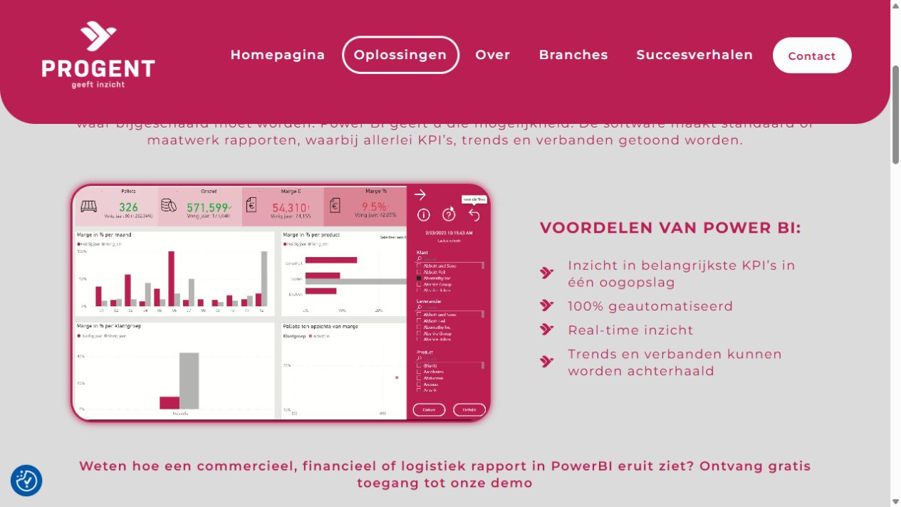 Oplossingenpagina van Progent met een Power BI-dashboard en uitleg over de mogelijkheden.