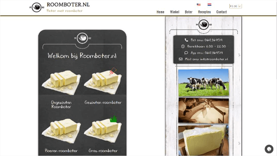 Roomboter.nl website met vier soorten roomboter op een donker krijtbord, een zijbalk met contactinformatie en fotografie, en navigatie naar winkel en recepten.