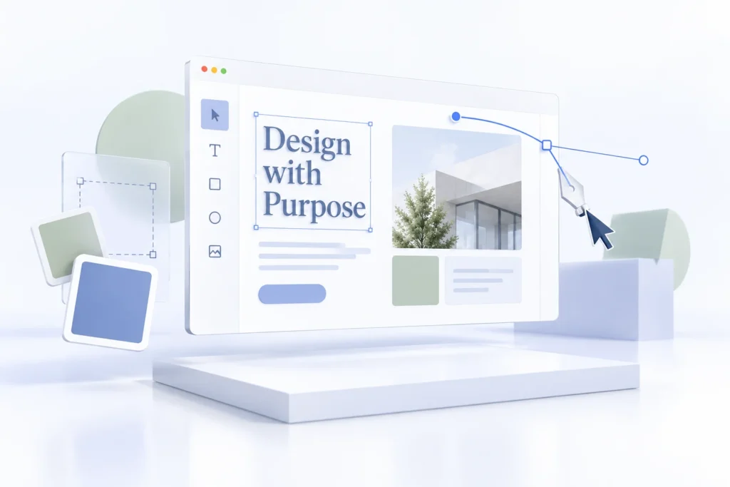 Conceptillustratie van webdesign met kleurstalen en een ontwerpcanvas