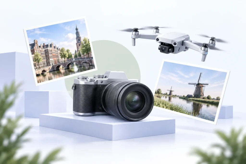 Conceptillustratie van een camera, drone en architectuurfotografie