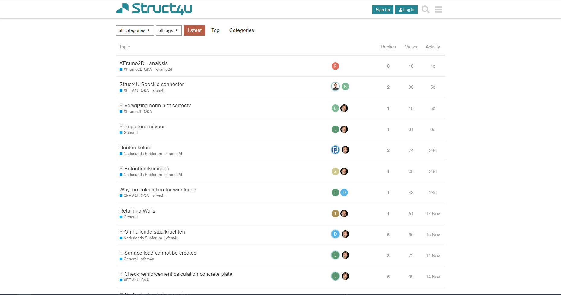 Struct4u-forum met categorie- en tagfilters, een onderwerpenlijst en kolommen voor reacties, weergaven en activiteit.