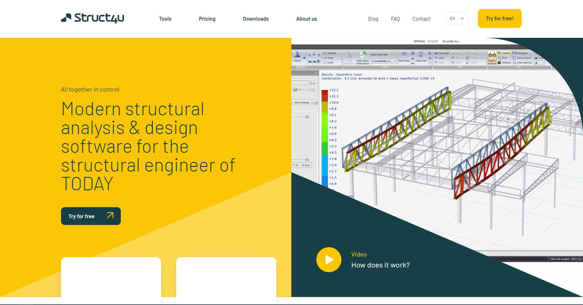 Website van Struct4u met gele en donkergroene huisstijl, taalkeuze en een afbeelding van constructieve rekensoftware.