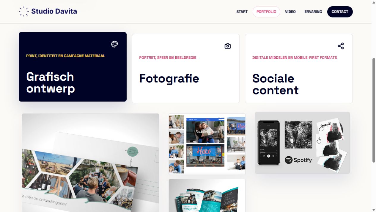 Filterbaar portfolio van Studio Davita met grafisch ontwerp, fotografie en sociale content.
