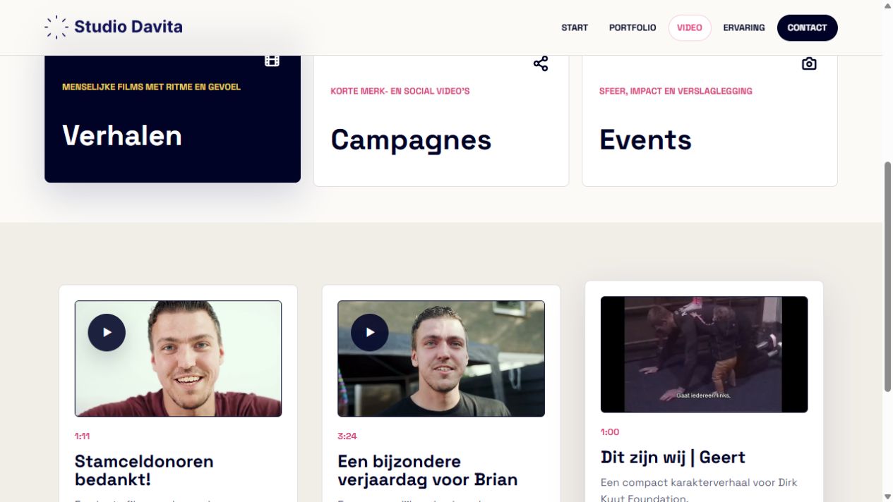 Videoportfolio van Studio Davita met categorieën en videoprojecten met beeld, titel en speelduur.
