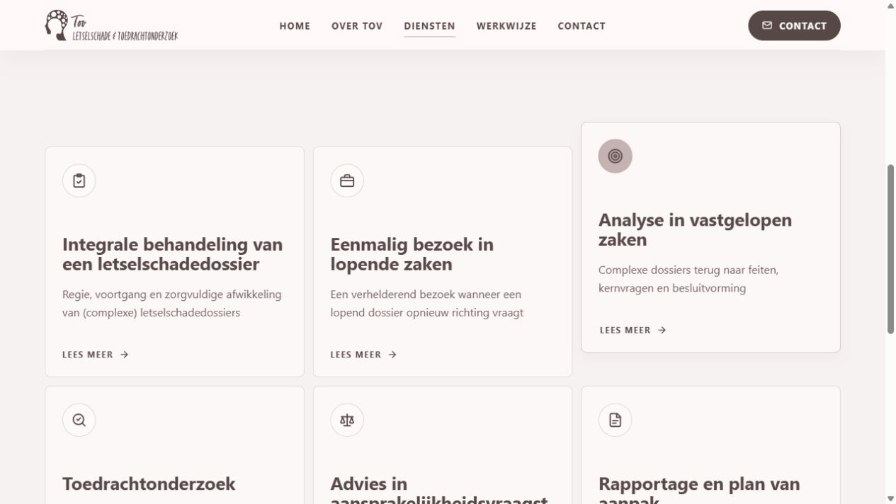 Dienstenoverzicht van TOV Letselschade met afzonderlijke kaarten, korte toelichtingen en links naar detailpagina’s.