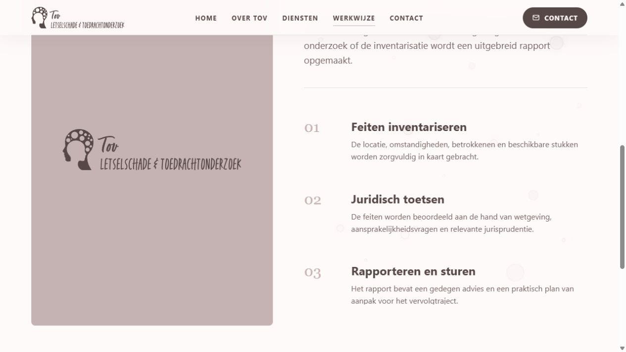 Werkwijzepagina van TOV Letselschade met het bedrijfslogo en drie genummerde stappen.