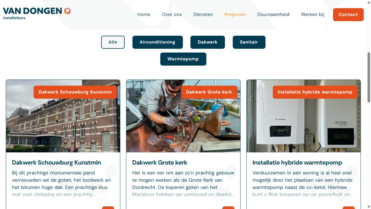 Projectoverzicht van Van Dongen Installateurs met filters voor de verschillende werkzaamheden.
