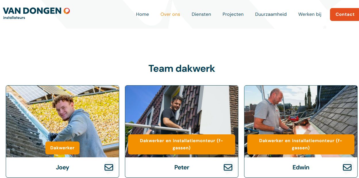 Teampresentatie op de website van Van Dongen Installateurs.