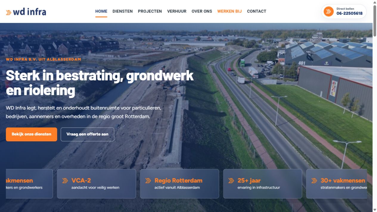 Homepage van WD Infra met projectfotografie, blauwe en oranje huisstijl en de introductie van de diensten.