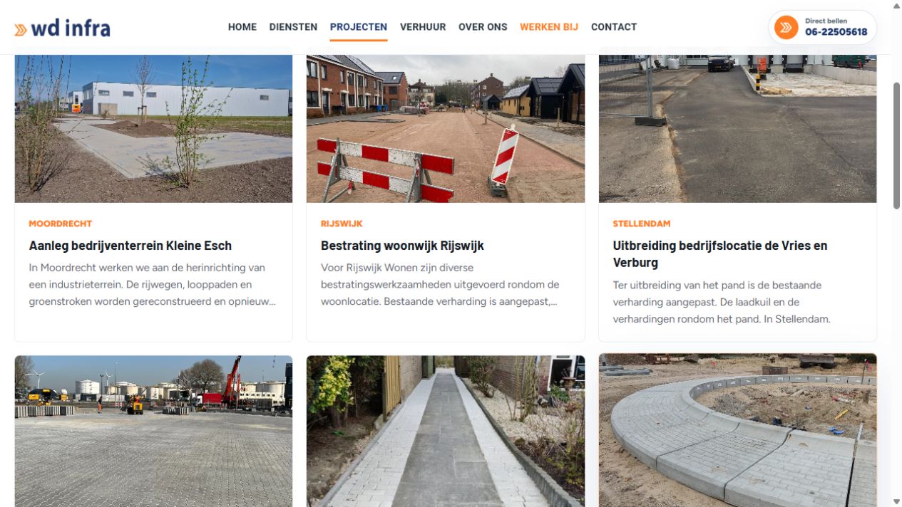 Projectoverzicht van WD Infra met fotografie, locaties en beschrijvingen van infrastructurele werkzaamheden.