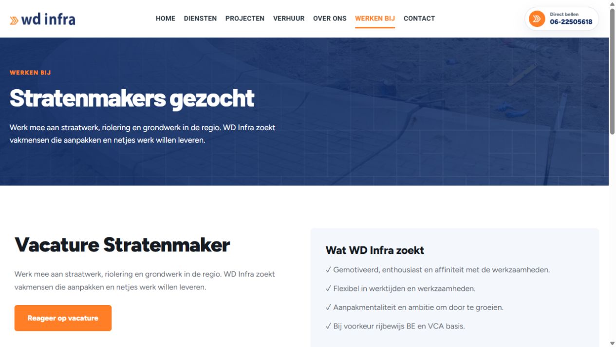 Werken-bij-pagina van WD Infra met de vacature voor stratenmakers en een reactieknop.